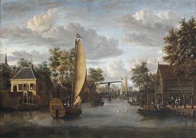 A view of the river Oude Rijn in Alphen aan den Rijn, with an elegant company in a yacht and other figures strolling along the river and on boats