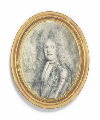Rear-Admiral Sir Thomas Dilkes (c.1667-1707), in armour; a man o'war and billowing smoke in the background