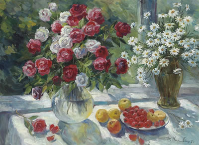 Still life with roses and daisies