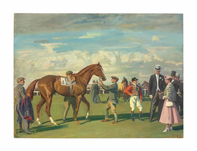H.M. The Queen and ‘Aureole’ in the Paddock at Epsom before the Coronation Cup at the Derby meeting, 1954