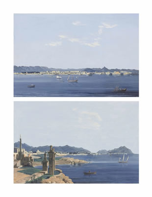 Sicilly: the bay of Palermo from the Romagnolo; and A view of Palermo from the sea with shipping, including an English vessel (pair)