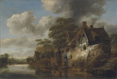 A river landscape with a woman at the door of a cottage and a fisherman bringing in his catch