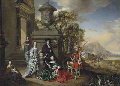 A group portrait of an elegantly dressed family by a classical building, with a boy approaching, holding game and a rifle, a coastal landscape beyond