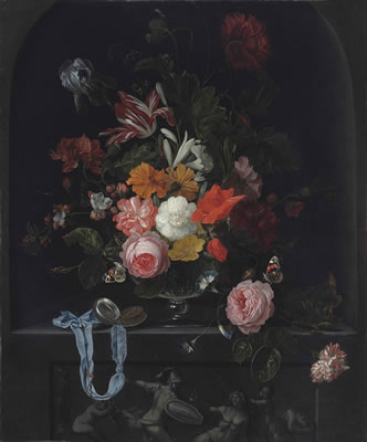 A Semper Augustus tulip, an iris, peonies, cherry blossoms, lilies, roses and other flowers in a glass vase, with butterflies and an open pocket watch on a blue ribbon, in a niche above a classical sculpted low relief