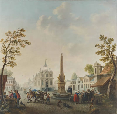 A continental town square with street vendors by a fountain and boys leading mules with flower baskets by Jan Anton Garemyn - Auction record, sale price, and art valuation. Compare with similar artists and explore comparable artworks.