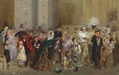 The General Post Office, One minute before six by George Elgar Hicks - Auction record, sale price, and art valuation. Compare with similar artists and explore comparable artworks.