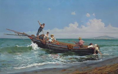 A fishing boat in the Bay of Naples, Vesuvius beyond