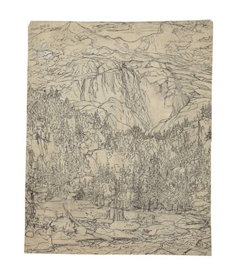The Schmadribach Waterfall near Lauterbrunnen, Switzerland (recto); A faint sketch of a mountainous landscape (verso)