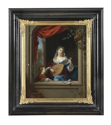An elegant lady playing the lute with a boy at a casement