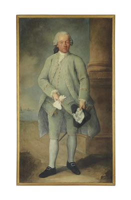 Portrait of a gentleman, full-length, in a powder-blue suit and coat, holding a tricorn hat and gloves, the Venetian Lagoon beyond