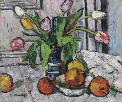 Tulips in a blue vase