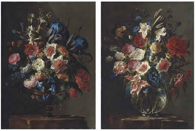 Rose, irises, morning glory and other flowers in a porcelain vase; and Parrot tulips, roses, lilies, lilacs and other flowers in a glass vase (2) by Juan Arellano - Auction record, sale price, and art valuation. Compare with similar artists and explore comparable artworks.