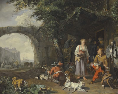 A sportsman offered refreshment outside an inn while his dogs rest after a hunt
