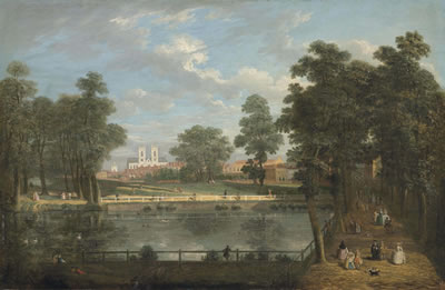 Rosamund's Pond, St. James's Park, London, with Westminster Abbey beyond