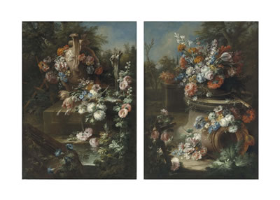 An urn and fountain strewn with flowers by a stream; and An urn on a pedestal brimming with flowers in a garden (pair)
