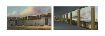 The verandah of Nathaniel Kinsman's residence at Macao, looking across the Praya Grande; and Nathaniel Kinsman's residence at Macao, seen from the Praya Grande