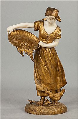 Sculpture of Young Lady Feeding Chickens