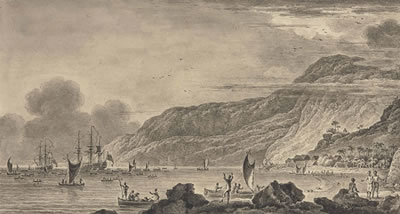 Bateaux dans la baie de Kealakekua sur l'île d'Hawaii (recto); Esquisse de deux voiliers (verso)