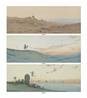 A camel rider in the desert; A camel train in the desert; and A desert lookout (3)