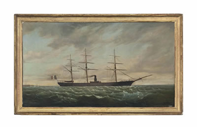 A French ironclad turret ship under steam as she leaves the harbour