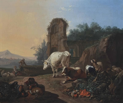 A pastoral landscape with a sleeping herdsman, cattle, goats and sheep, a fountain and architectural ruins beyond