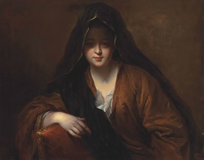 Portrait of a lady, half-length, in an ochre gown and a black, gold-trimmed veil, leaning on a red upholstered chair with a gold nailhead trim