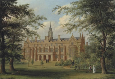 A view of Sidney Sussex College, Cambridge, with figures on the grass