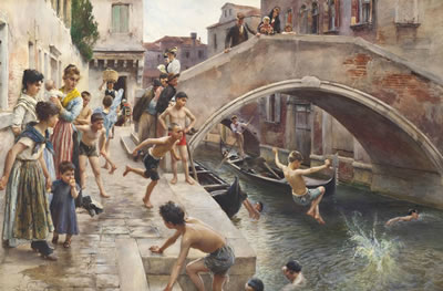 Children leaping into a Venetian Canal by Ludwig Pasini - Auction record, sale price, and art valuation. Compare with similar artists and explore comparable artworks.