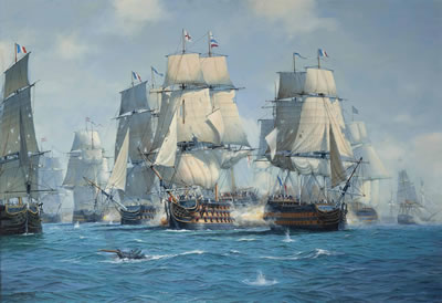 H.M.S. Victory, a bow view, breaking the enemy line at the Battle of Trafalgar, 21 October 1805
