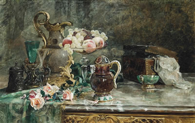 Roses, fruits and jewellery on a ledge