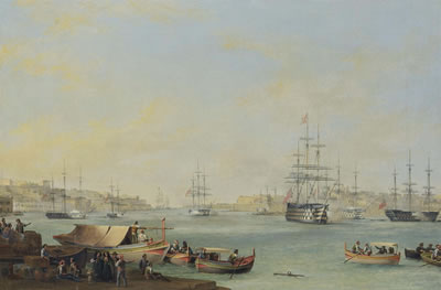 The arrival of the Dowager Queen Adelaide aboard H.M.S. Hastings at the Grand Harbour, Valletta, 30 November 1838