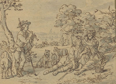 A shepherdess garlanding her swain, a young man playing a pipe