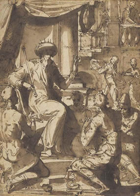 A scene from the Book of Esther: King Ahasuerus with his scribes