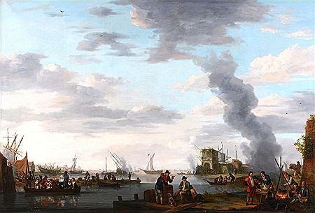 Extensive Dutch harbour landscape with numerous vessels, fisherman, and tradesman