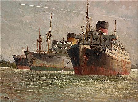 'The Old Order Changeth' - Steam Ships at Anchor with a Flare being Fired abovethem