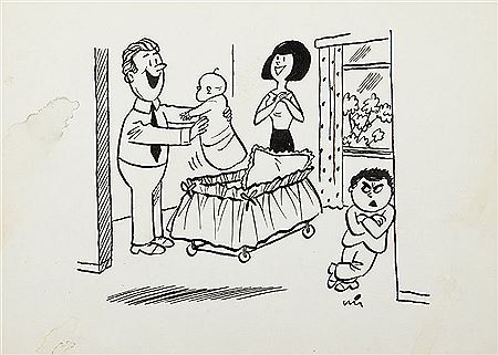 "Tez pomysl z ta siostrzyczka! Tak jakby nie by?o potrzebniejszych rzeczy!", illustration for magazine "Tygodnik Polski", 1980s