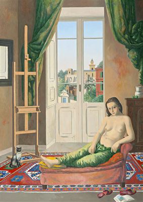 INTERIOR WITH FIGURE ON A SOFA