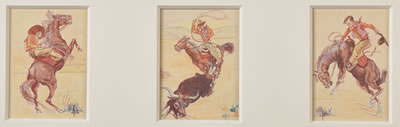 Three Cowboys, triptych, c. 1940 by Joy Faye Harrell Carrington - Auction record, sale price, and art valuation. Compare with similar artists and explore comparable artworks.