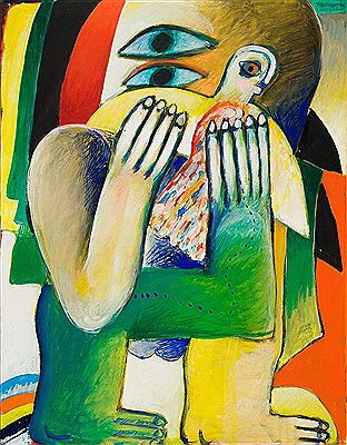 Maskierte Figur (sich wendend) mit Vogel