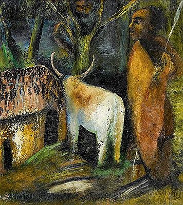 Afrikanische Landschaft mit Hirt und Ochse