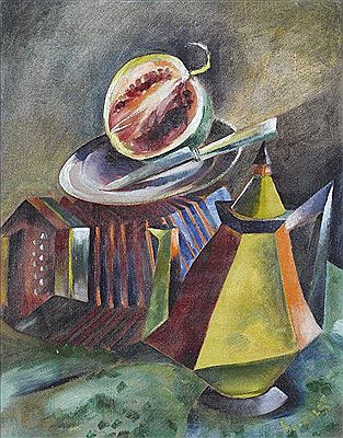 Stillleben mit Kanne, Akkordeon und Wassermelone