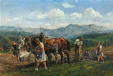 Bauernfamilie mit Pferden beim Pflügen