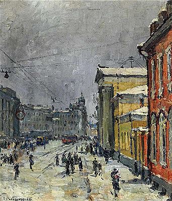 Die Moskauer Mokhovaya Strasse mit dem Kalinin-Museum im Winter