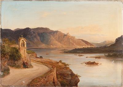 "Donaulandschaft mit Blick nach Dürnstein, der Ruine Dürnstein und dem Stift Göttweig"