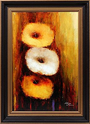 Depicts three flowers in vertical line