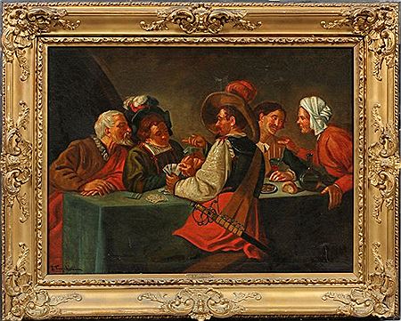 CARD PLAYERS IN A TAVERN by J Fraschini - Auction record, sale price, and art valuation. Compare with similar artists and explore comparable artworks.