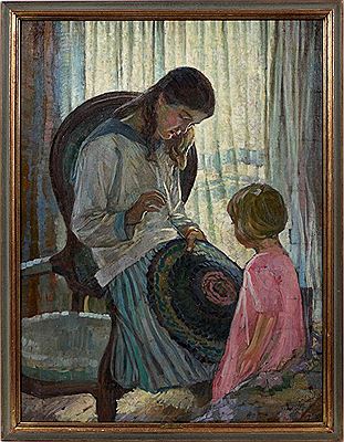 WOMAN SEWING RUG WITH CHILD WATCHING by Roy Gamble - Auction record, sale price, and art valuation. Compare with similar artists and explore comparable artworks.