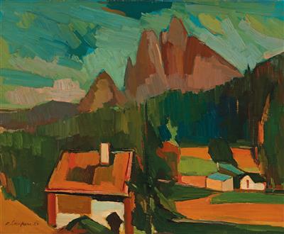 A landscape with three mountain peaks in the background