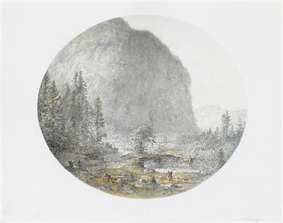A view into a mountain valley with a wooden bridge over a creek in the foreground, indistinctly titled (Erlaufthal?) by Carl Ludwig Libay - Auction record, sale price, and art valuation. Compare with similar artists and explore comparable artworks.