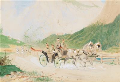 Emperor Francis Joseph I, with crown prince Rudolf making a tour by horse-carriage in the Salzkammergut